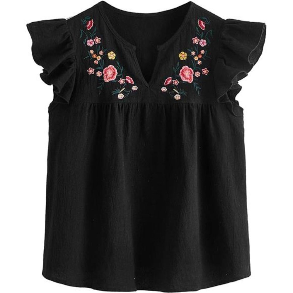 Women's Boho Embroidered Mexican Peasant Shirts Babydoll Tops Blouse